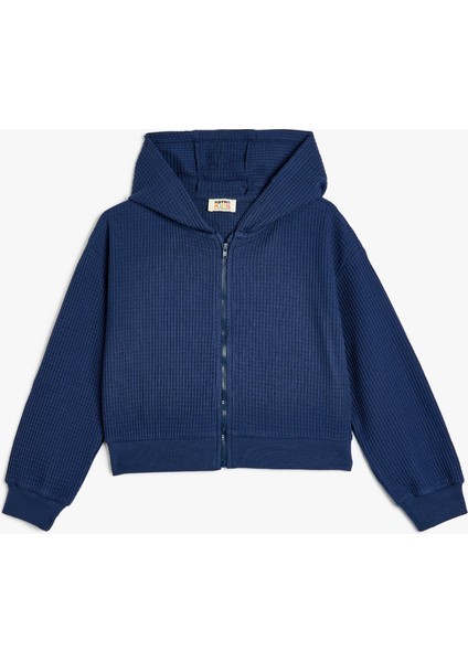 Kapşonlu Fermuarlı Sweatshirt Uzun Kollu Dokulu