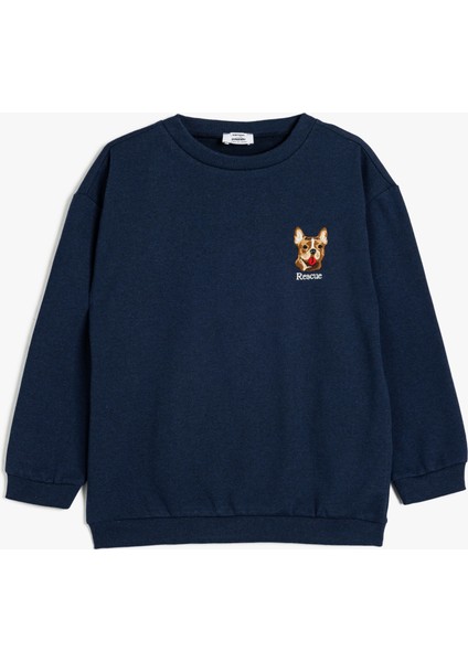 Sweatshirt Köpek Işlemeli Bisiklet Yaka Uzun Kollu