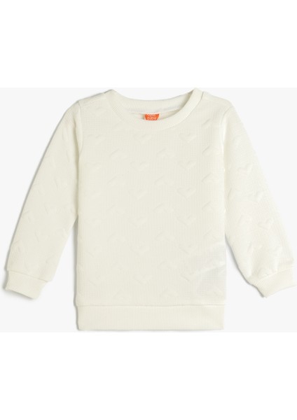 Basic Sweatshirt Uzun Kollu Bisiklet Yaka Kalp Detaylı Dokulu