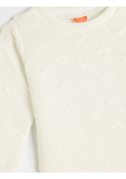 Basic Sweatshirt Uzun Kollu Bisiklet Yaka Kalp Detaylı Dokulu