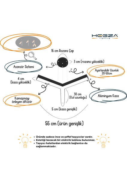 Tres (Siyah Kasa, Beyaz Işık) Ledli Modern Sarkıt LED Avize