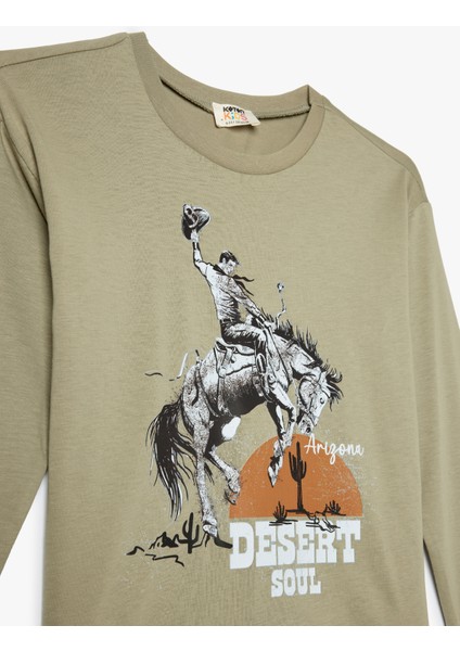 Oversize Tişört Kovboy Baskılı Uzun Kollu Bisiklet Yaka Pamuklu modelleri
