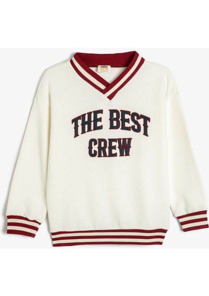 Sweatshirt Işleme Detaylı Uzun Kollu V Yaka Şardonlu