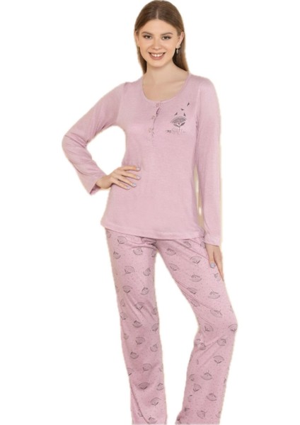 790-06 Kadın Yuvarlak Yaka Uzun Kol Pijama Takım