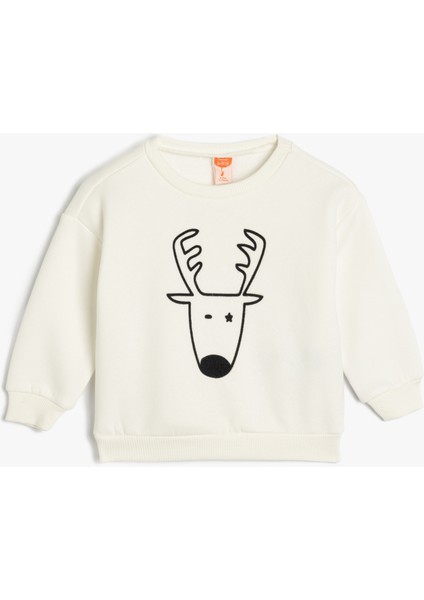 Sweatshirt Geyik Baskı Detaylı Uzun Kollu Bisiklet Yaka