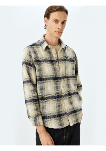 Uzun Kollu Pamuk Karışımlı Cep Detaylı Ekose Desenli Gömlek Ceket