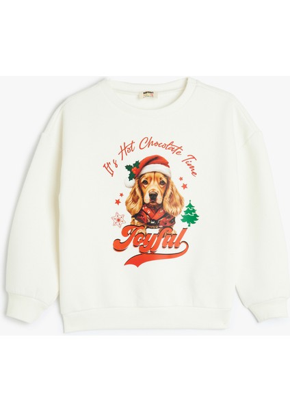 Yılbaşı Temalı Sweatshirt Uzun Kollu Köpek Baskılı Bisiklet Yaka Şardonlu