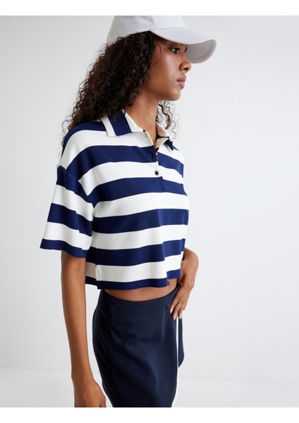 Polo Crop Tişört Kısa Kollu Viskon Kumaş Rahat Kalıp