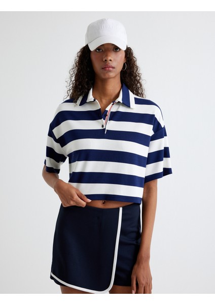Polo Crop Tişört Kısa Kollu Viskon Kumaş Rahat Kalıp