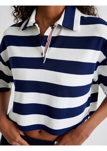 Polo Crop Tişört Kısa Kollu Viskon Kumaş Rahat Kalıp