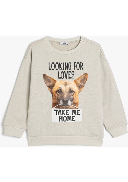 Oversize Sweatshirt Uzun Kollu Bisiklet Yaka Köpek Baskı Detaylı Şardonlu