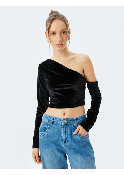 Tek Omuz Asimetrik Yaka Uzun Kollu Crop Kadife Tişört modelleri