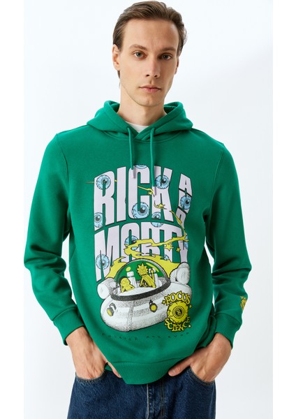 Kapşonlu Şardonlu Pamuk Karışımlı Lisanslı Rick And Morty Sweatshirt