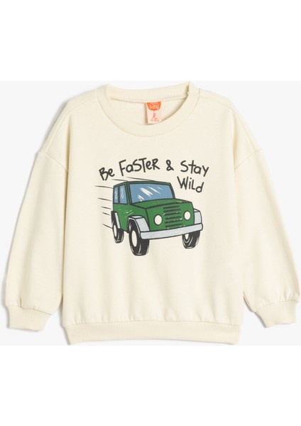 Sweatshirt Araba Baskılı Uzun Kollu Bisiklet Yaka