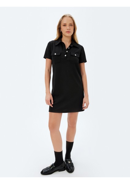 Polo Yaka Elbise Mini Boy A Kesim Kısa Kollu Inci Düğme ve Cep Detaylı