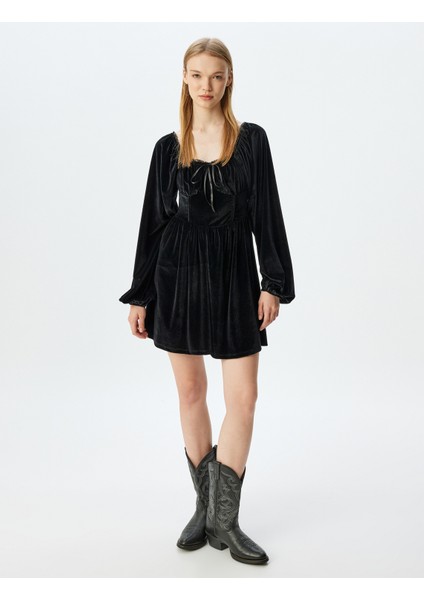 Mini Kadife Fiyonklu Dantelli Yaka Korse Detaylı Balon Kol Elbise fiyatları