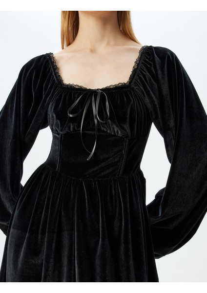 Mini Kadife Fiyonklu Dantelli Yaka Korse Detaylı Balon Kol Elbise indirimleri