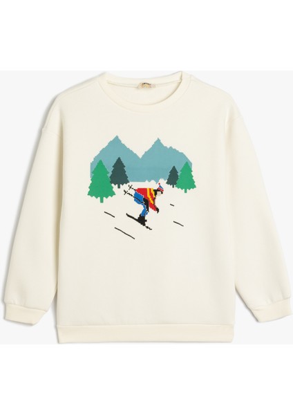 Sweatshirt Kayak Baskılı Bisiklet Yaka Uzun Kollu Şardonlu