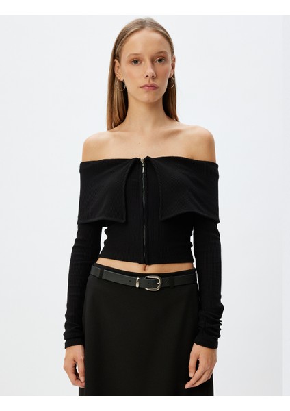 Crop Tişört Uzun Kollu Fermuarlı Fitilli Omzu Açık Slim Fit modelleri