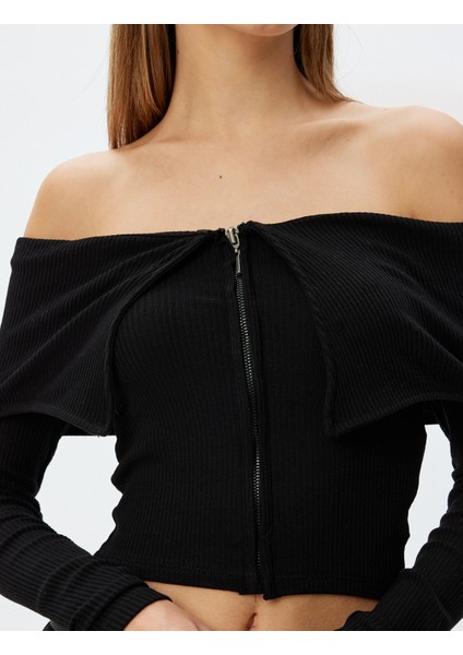 Crop Tişört Uzun Kollu Fermuarlı Fitilli Omzu Açık Slim Fit indirimleri