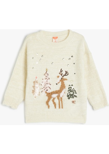 Triko Kazak Geyik Işlemeli Uzun Kollu Pullu Payetli