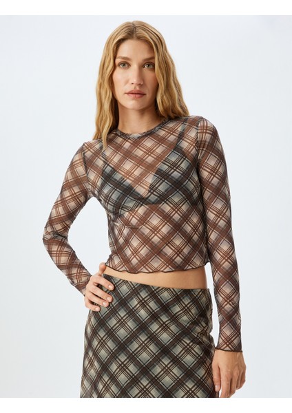 Uzun Kollu Bisiklet Yaka Slim Fit Transparan Tül Ekose Crop Tişört modelleri