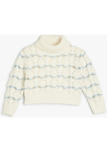 Boğazlı Crop Kazak Örgü Detaylı Uzun Kollu Desenli