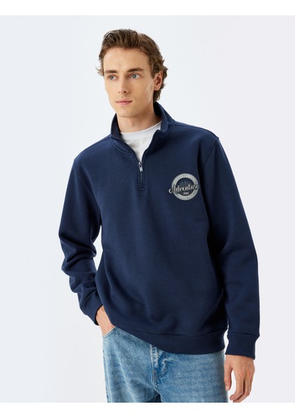 Uzun Kollu Şardonlu Pamuklu Yarım Fermuarlı Baskılı Sweatshirt