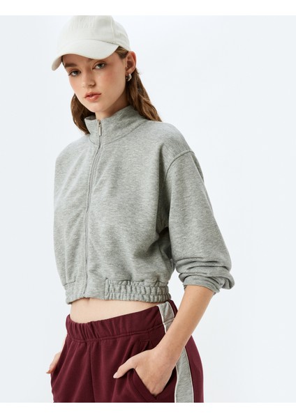 Rahat Kalıp Dik Yaka Crop Fermuarlı Sweatshirt