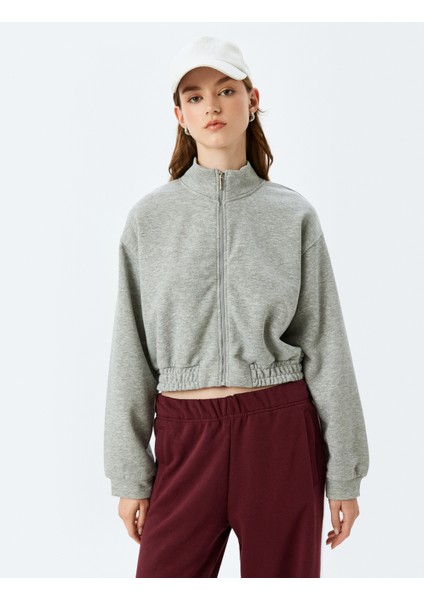Rahat Kalıp Dik Yaka Crop Fermuarlı Sweatshirt