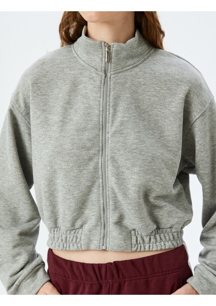 Rahat Kalıp Dik Yaka Crop Fermuarlı Sweatshirt