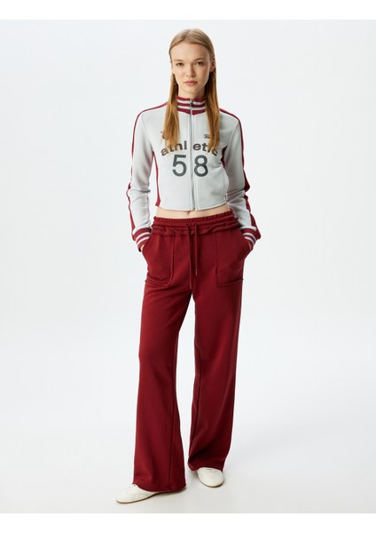 Crop Slim Fit Dik Yaka Kolej Baskılı Fermuarlı Sweatshirt