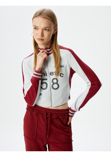 Crop Slim Fit Dik Yaka Kolej Baskılı Fermuarlı Sweatshirt fiyatları