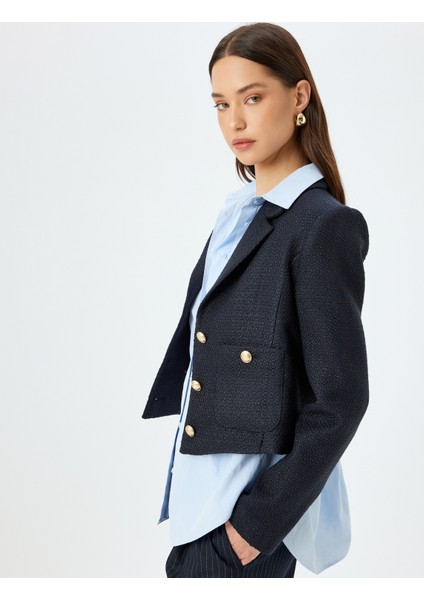 Slim Fit Gold Düğme Detaylı Cepli Crop Tüvit Blazer Ceket