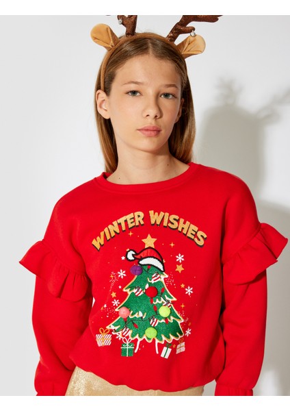 Yılbaşı Ağacı Baskılı Fırfırlı Sweat Ponpon Detaylı fiyatları