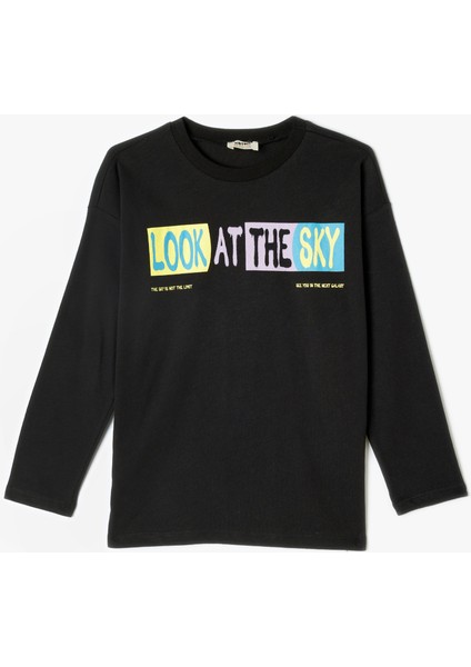 Tişört Slogan Baskılı Uzun Kollu Bisiklet Yaka Pamuklu