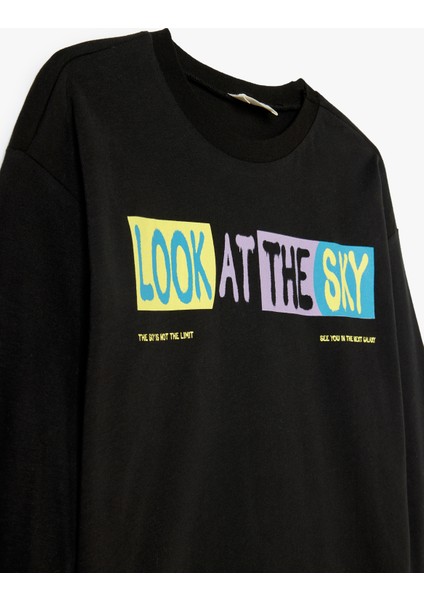 Tişört Slogan Baskılı Uzun Kollu Bisiklet Yaka Pamuklu modelleri