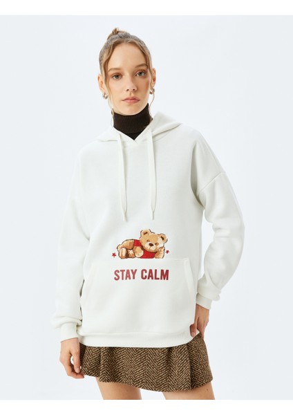 Slogan Baskılı Kapüşonlu Kanguru Cepli Oversize Sweatshirt