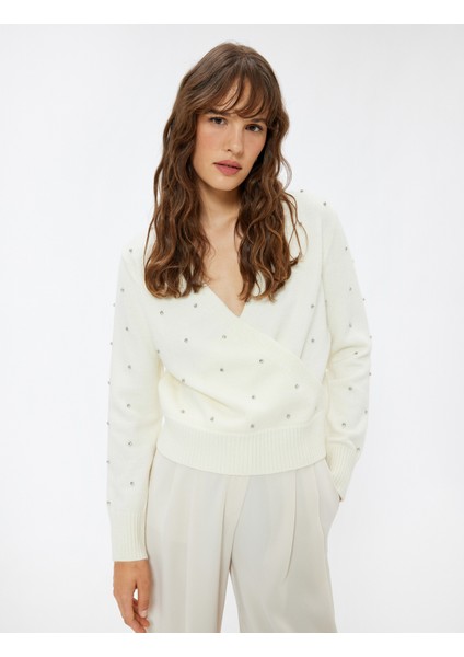 Taşlı Kruvaze Kazak Yumuşak Dokulu Uzun Kollu fiyatları