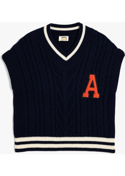 Triko Süveter V Yaka Ribanalı Aplike Detaylı