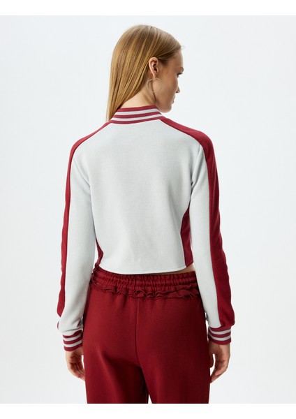 Crop Slim Fit Dik Yaka Kolej Baskılı Fermuarlı Sweatshirt fırsatları
