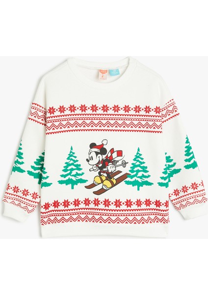 Yılbaşı Temalı Mickey Mouse Baskılı Lisanslı Sweatshirt Uzun Kollu Bisiklet Yaka Pamuklu