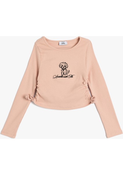 Köpek Baskılı Tişört Yanları Büzgülü Bağlamalı Uzun Kollu Bisiklet Yaka Pamuklu