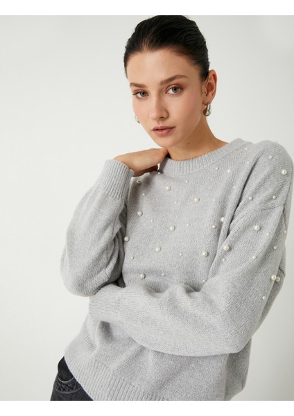 Incili Oversize Triko Kazak Yumuşak Dokulu Uzun Kollu