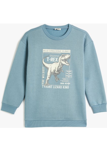 Dinozorlu Sweatshirt Uzun Kollu Bisiklet Yaka Şardonlu