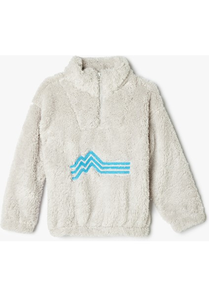 Peluş Sweat Yarım Fermuarlı Dik Yaka Işleme Detaylı
