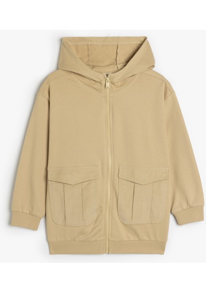 Oversize Kapşonlu Fermuarlı Sweatshirt Cepli Uzun Kollu Pamuklu Şardonlu