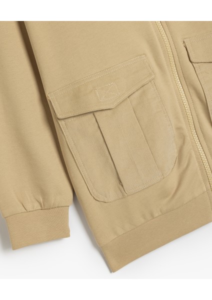 Oversize Kapşonlu Fermuarlı Sweatshirt Cepli Uzun Kollu Pamuklu Şardonlu