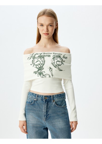 Uzun Kollu Madonna Yaka Slogan Baskılı Fitilli Slim Fit Tişört modelleri