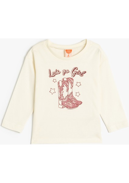 T-Shirt Uzun Kollu Baskı Detaylı Bisiklet Yaka Pamuklu